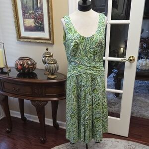 Liz Claiborne Green Aqua Paisley Midi Dress Sleeveless Fully Lined Fitted 14 EUC